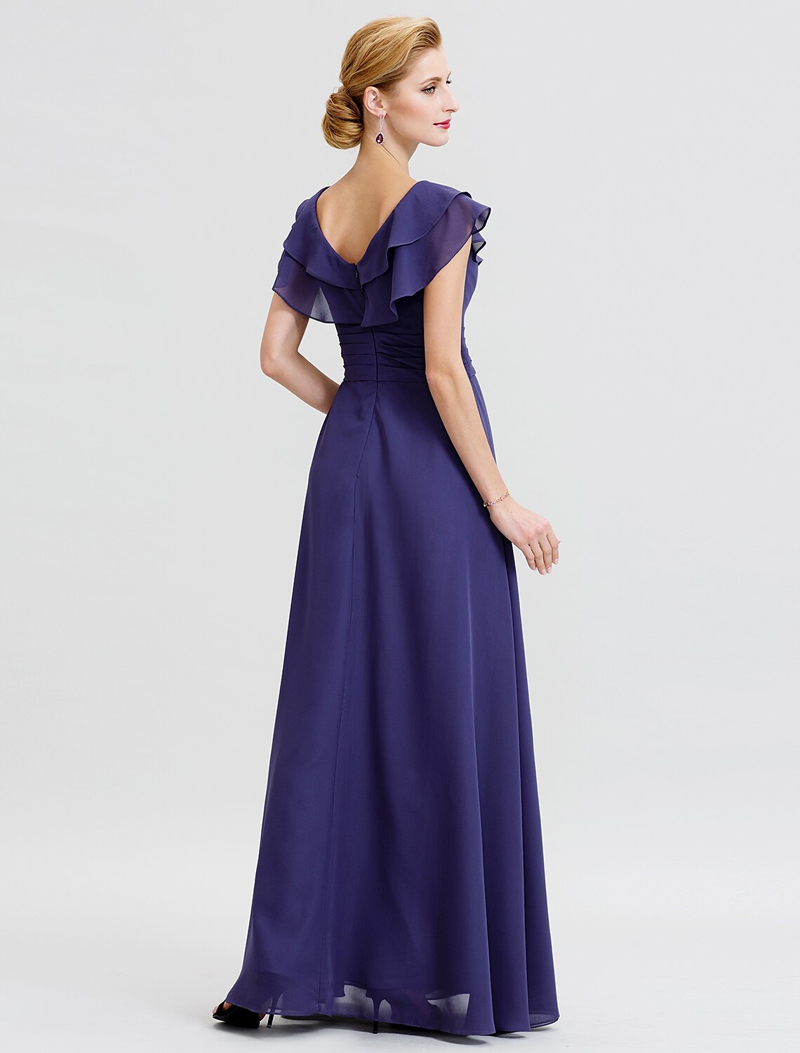 Abito da madre della sposa a trapezio, formale, con schiena scoperta, elegante, scollo a V, lunghezza pavimento, in chiffon, maniche corte, senza cintura/nastro, spilla di cristallo